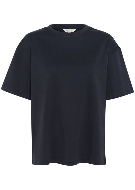Navy blue t-shirt on a white background