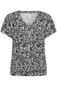 Part Two Axelines Linen/Viscose Print Short Sleeve V-Neck Tee in Midnight Rose Print