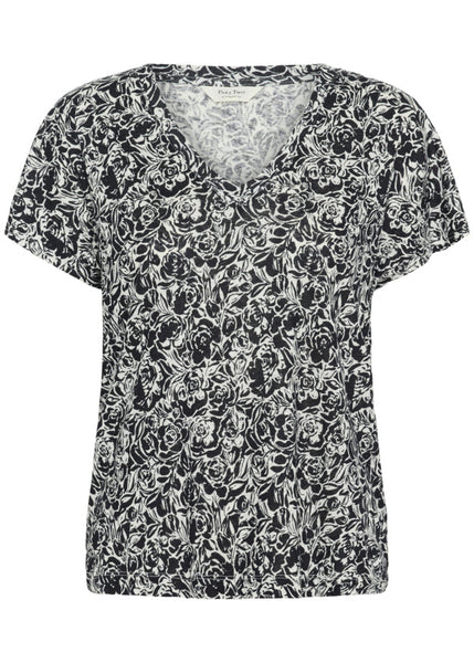 Part Two Axelines Linen/Viscose Print Short Sleeve V-Neck Tee in Midnight Rose Print