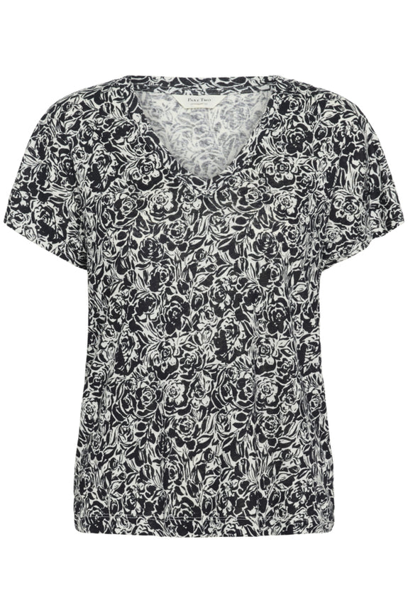 Part Two Axelines Linen/Viscose Print Short Sleeve V-Neck Tee in Midnight Rose Print