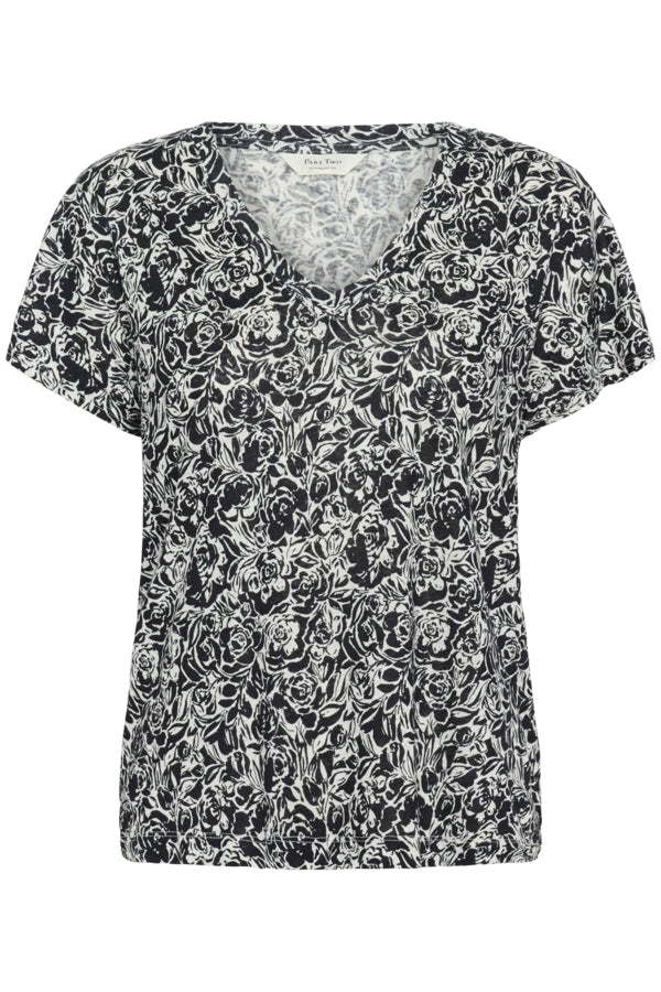 Part Two Axelines Linen/Viscose Print Short Sleeve V-Neck Tee in Midnight Rose Print