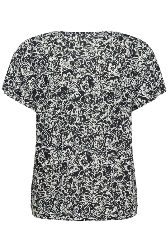 Part Two Axelines Linen/Viscose Print Short Sleeve V-Neck Tee in Midnight Rose Print