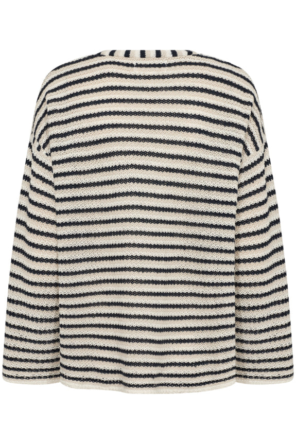 Part Two Nahni Linen V-Neck Long Sleeve Sweater in Navy/Natural Stripe