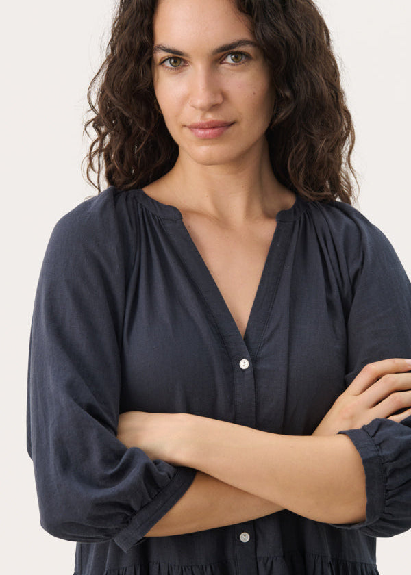 close up of Part Two Nataliya Tiered Long Dress with Cuffed Sleeve in Navy