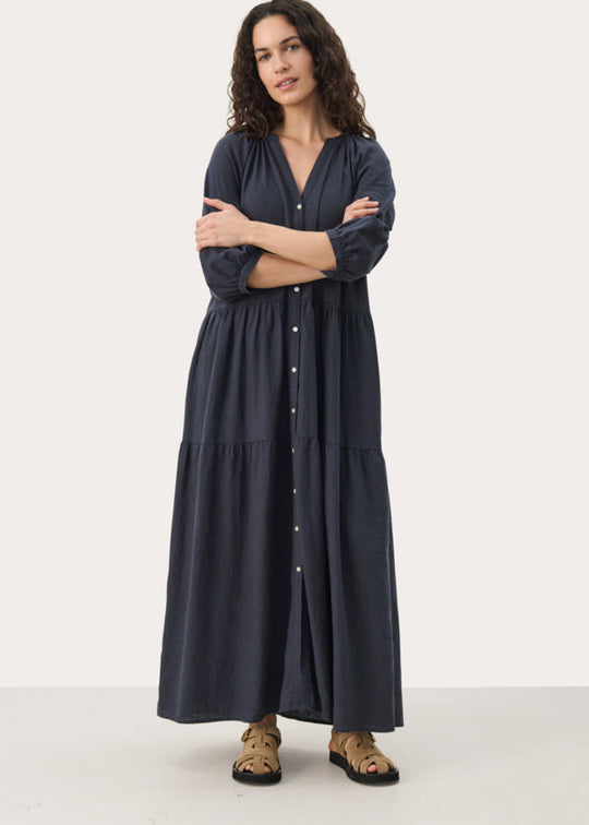 front of Part Two Nataliya Tiered Long Dress with Cuffed Sleeve in Navy