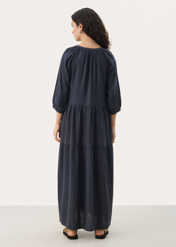 back view of Part Two Nataliya Tiered Long Dress with Cuffed Sleeve in Navy
