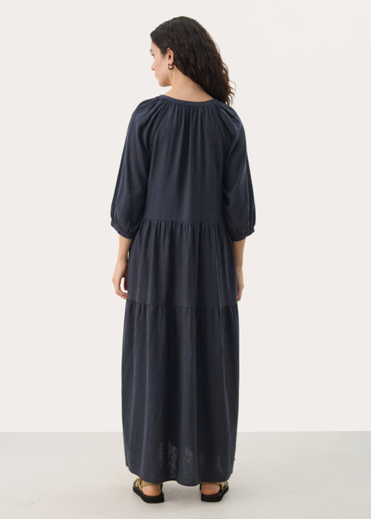 back view of Part Two Nataliya Tiered Long Dress with Cuffed Sleeve in Navy
