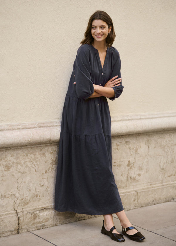 font view of Part Two Nataliya Tiered Long Dress with Cuffed Sleeve in Navy