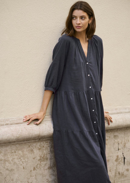 front of Part Two Nataliya Tiered Long Dress with Cuffed Sleeve in Navy