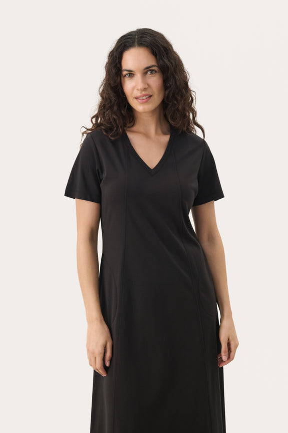 Part Two Natazia V-Neck Long paneled Jersey Dress in Black