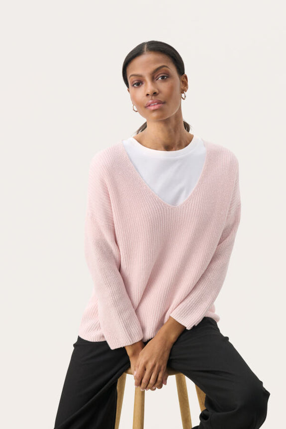 Part Two Etrona Linen/Cotton Blend V-neck 3/4 Sleeve Sweater in Mauve Chalk