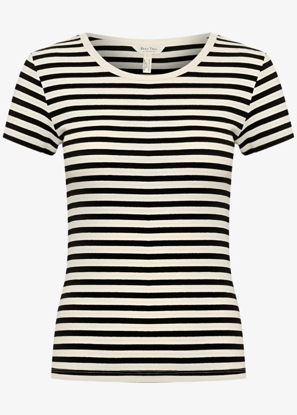 front view of plus size Part Two Short Sleeve Scoopneck Ribbed Tee in Black Stripe