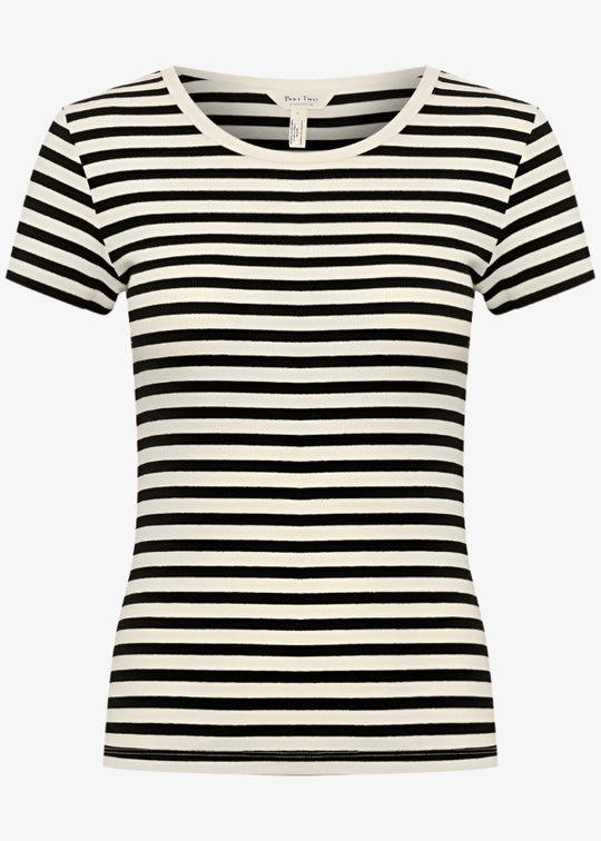 front view of plus size Part Two Short Sleeve Scoopneck Ribbed Tee in Black Stripe