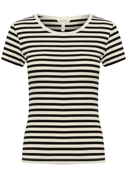 front view of plus size Part Two Short Sleeve Scoopneck Ribbed Tee in Black Stripe