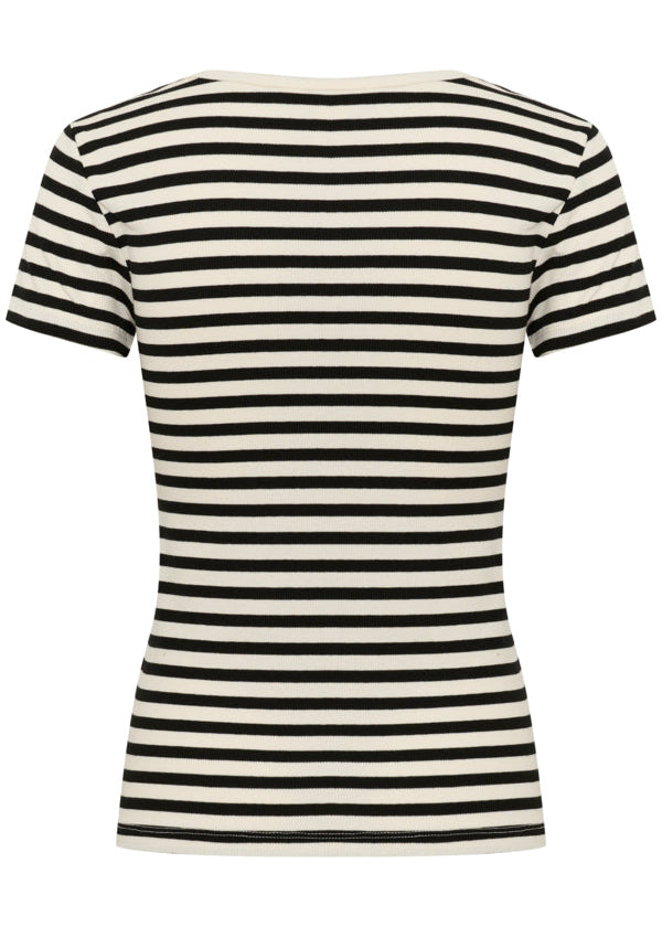 back view of plus size Part Two Short Sleeve Scoopneck Ribbed Tee in Black Stripe