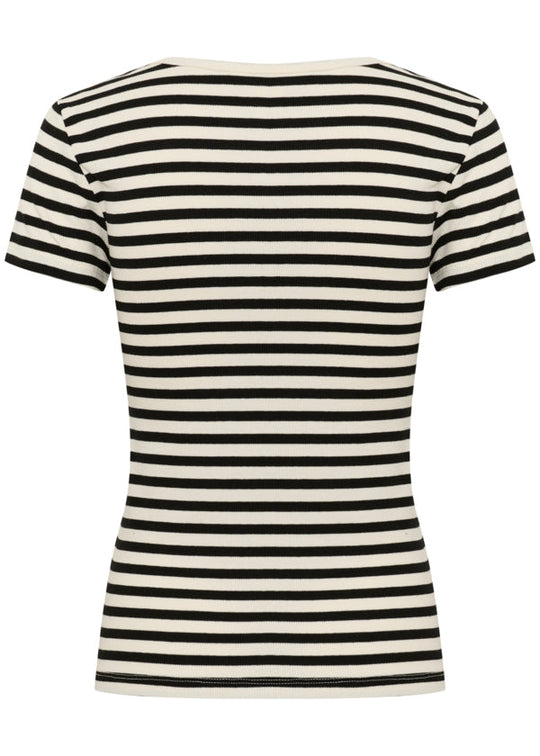 back view of plus size Part Two Short Sleeve Scoopneck Ribbed Tee in Black Stripe