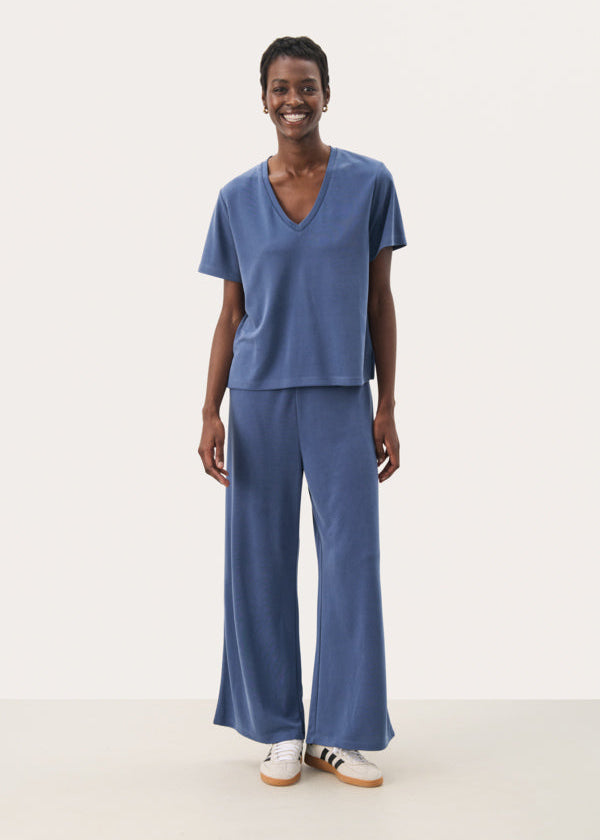 front view of Part Two Ruth Tencel V-Neck Short Sleeve Top in Blue