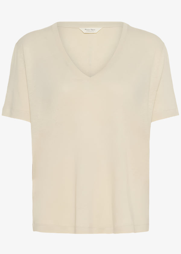 front view of Part Two V-Neck Linen blend T-shirt in French Oak