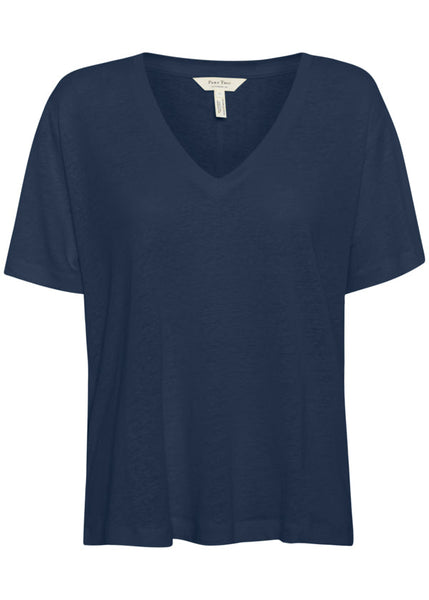 front view of Part Two V-Neck Linen blend T-shirt in Blue