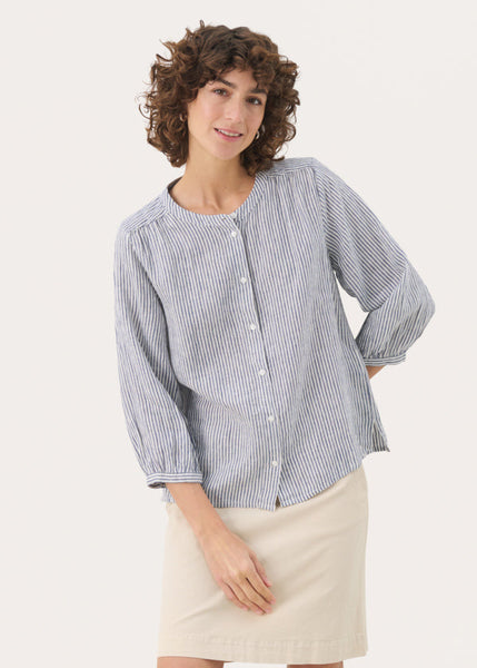 Front of Part Two Persilles Stripe Linen Top in Blue Stripe in plus sizes
