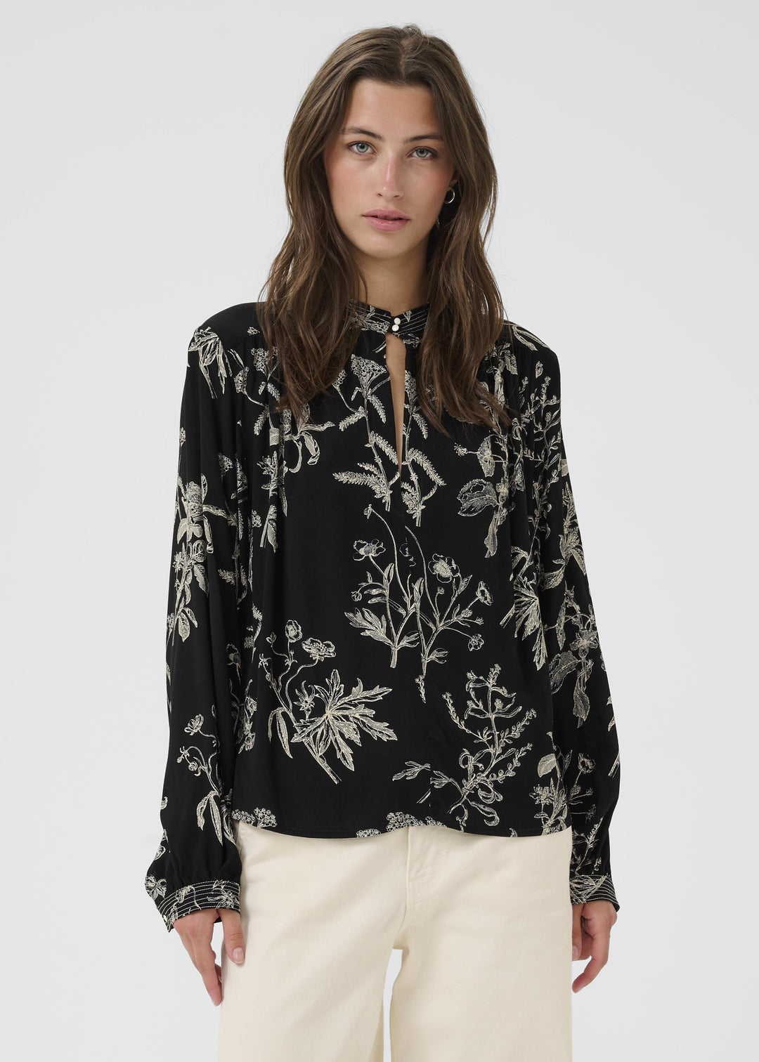 Front view of Part Two Shiroma Long Sleeve Print plus size Blouse in Black Print