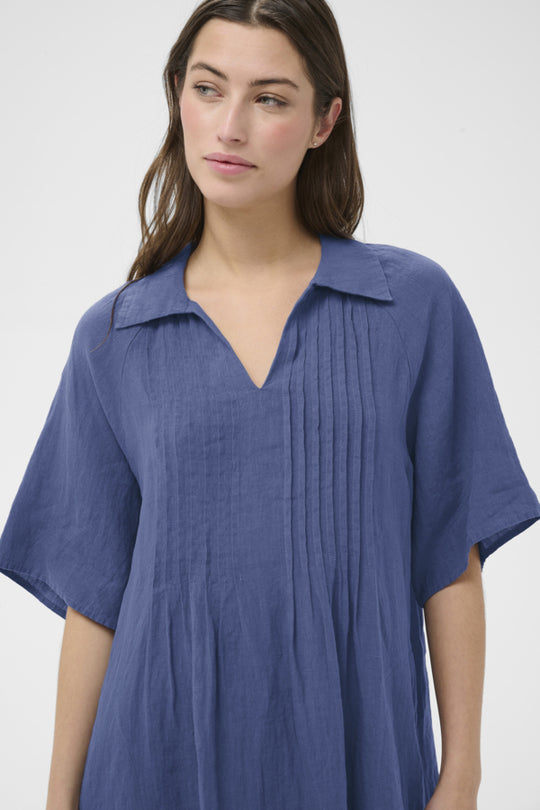 Part Two Ayla Linen Pleat Front Dress in Blue Indigo