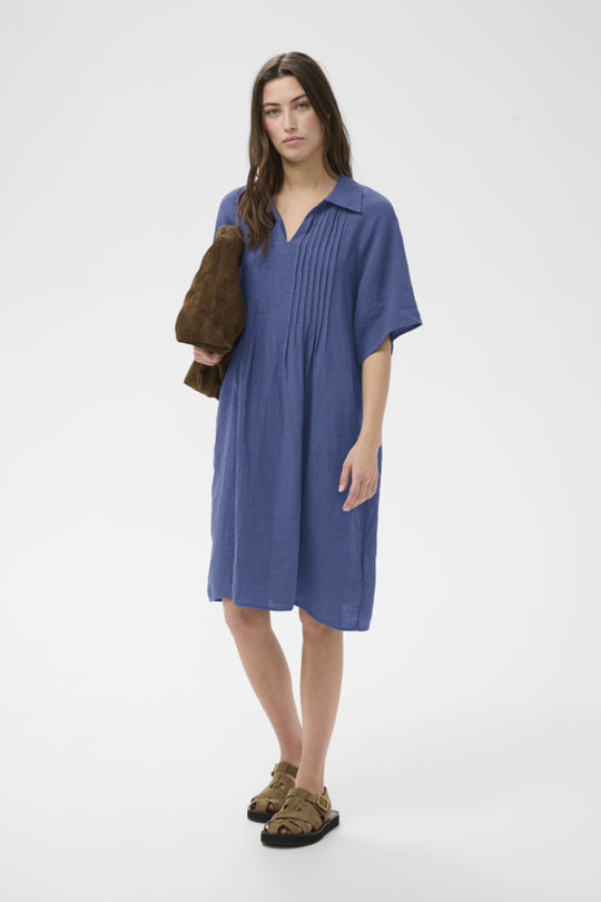Part Two Ayla Linen Pleat Front Dress in Blue Indigo