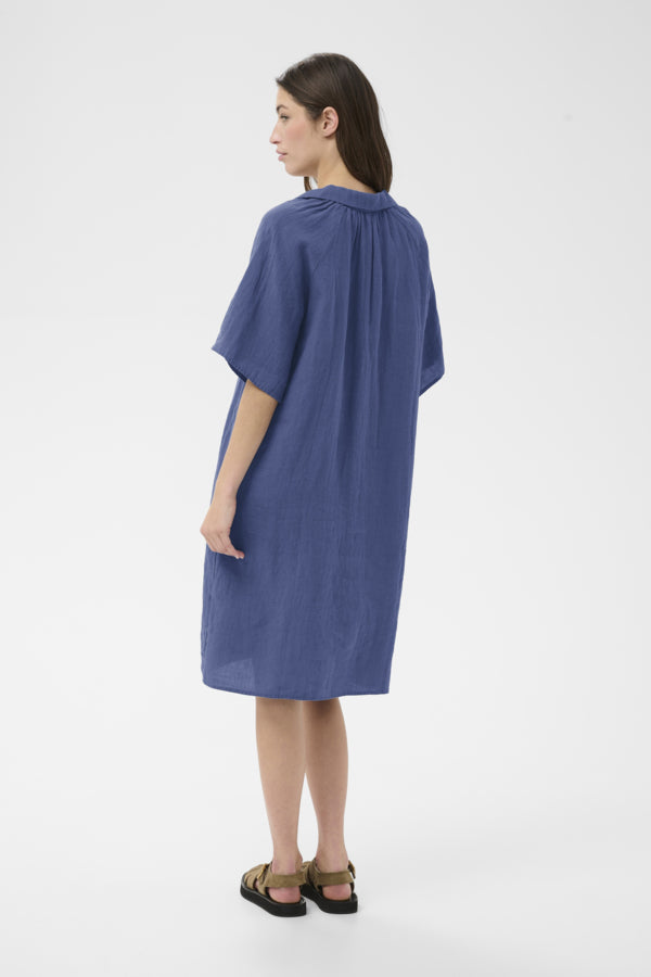 Part Two Ayla Linen Pleat Front Dress in Blue Indigo