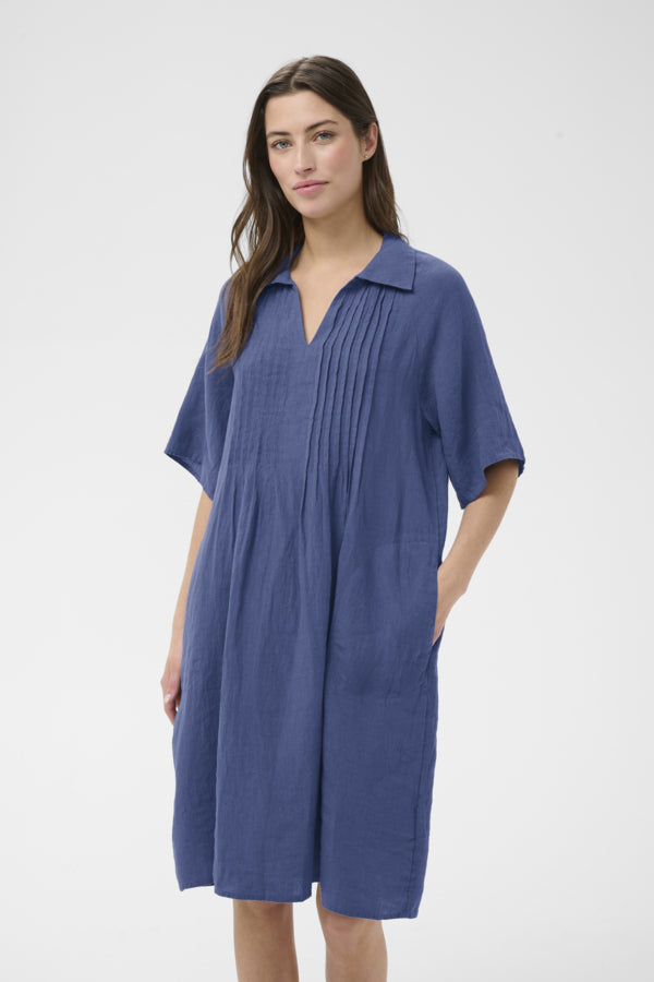 Part Two Ayla Linen Pleat Front Dress in Blue Indigo