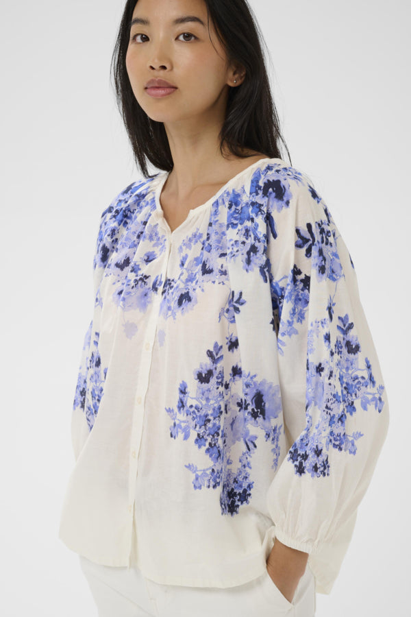 Part Two Alexi Gathered Neck Peasant Top in Blue Shadow Floral
