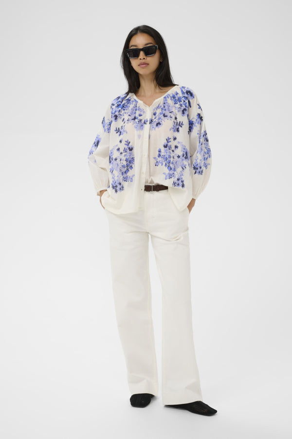 Part Two Alexi Gathered Neck Peasant Top in Blue Shadow Floral