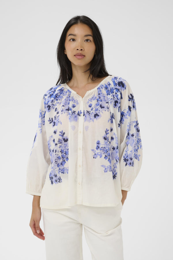 Part Two Alexi Gathered Neck Peasant Top in Blue Shadow Floral