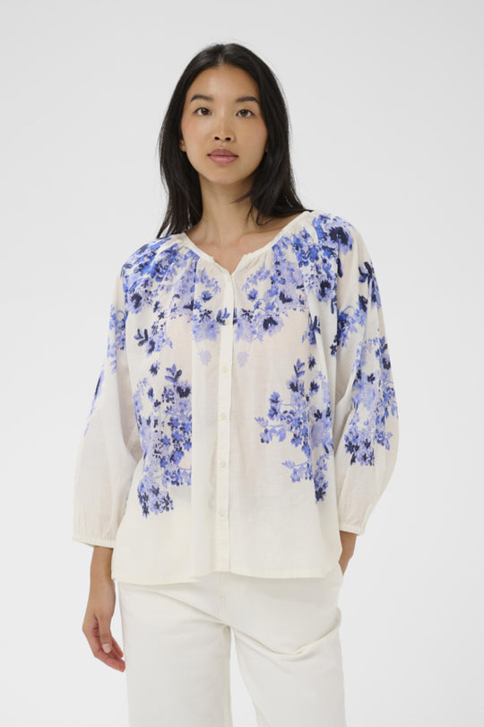 Part Two Alexi Gathered Neck Peasant Top in Blue Shadow Floral