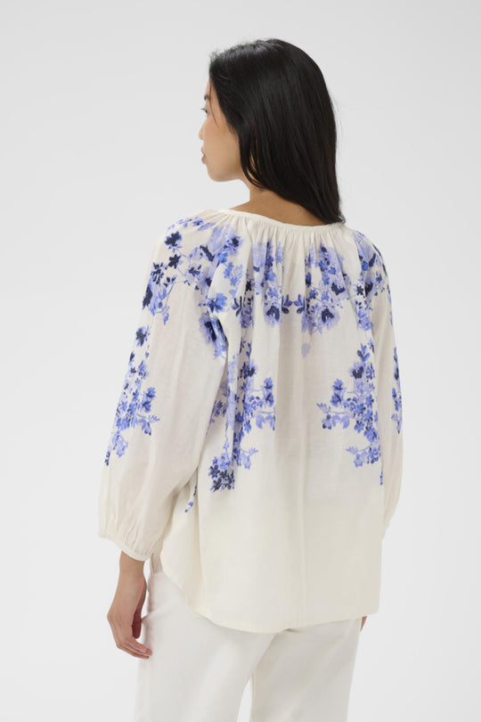 Part Two Alexi Gathered Neck Peasant Top in Blue Shadow Floral