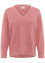 A dusty pink long-sleeve V-neck knit sweater with a relaxed fit, displayed on a clean white background.