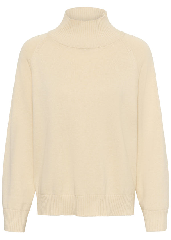 A cream-colored knit turtleneck sweater with raglan sleeves, shown against a plain white background.