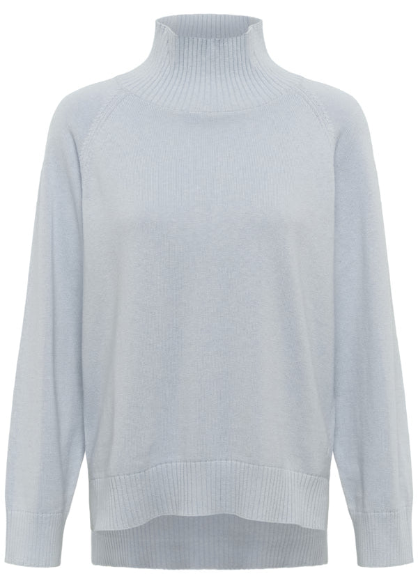 A light blue-gray ribbed knit turtleneck sweater with raglan sleeves, shown against a plain white background.
