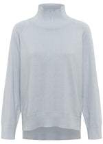 A light blue-gray ribbed knit turtleneck sweater with raglan sleeves, shown against a plain white background.