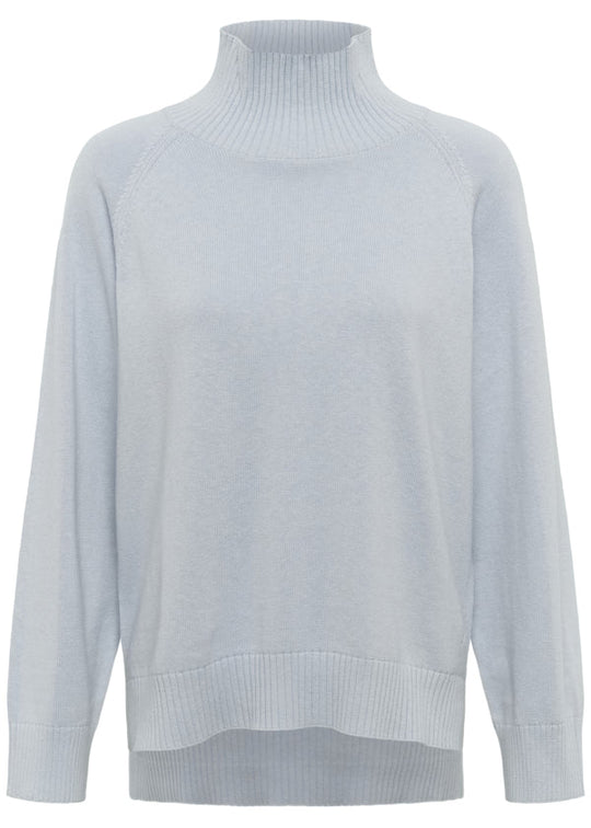 A light blue-gray ribbed knit turtleneck sweater with raglan sleeves, shown against a plain white background.