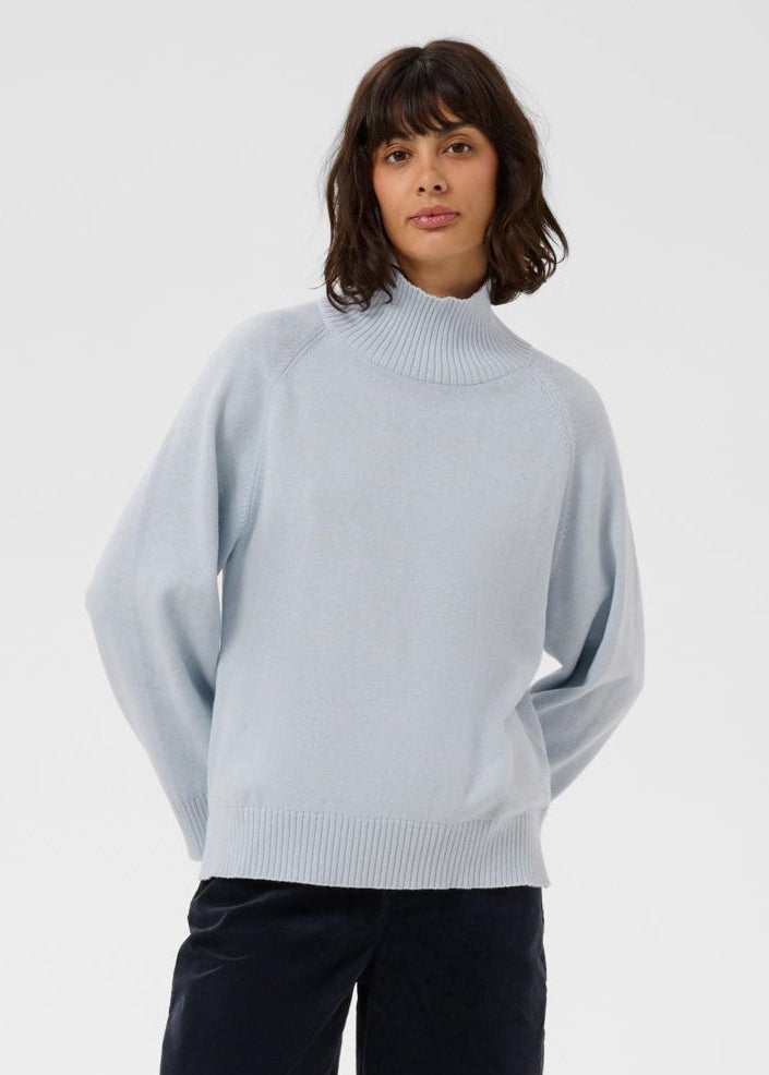 Light gray ribbed cotton-cashmere turtleneck long-sleeve pullover