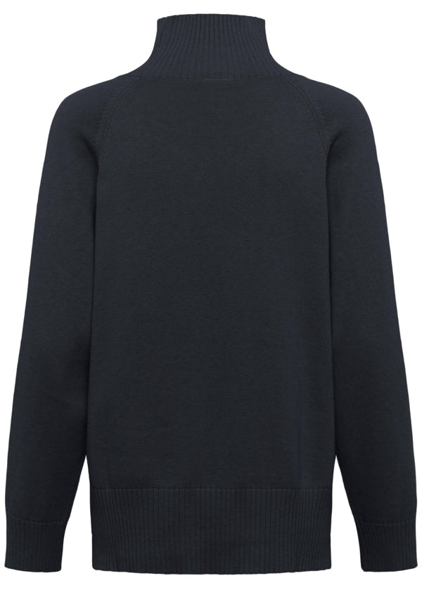 A dark navy blue knit turtleneck sweater shown from the back, featuring a ribbed collar, cuffs, and hem, set against a plain white background.