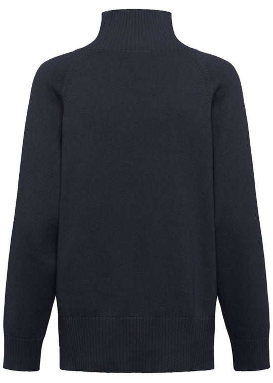 A dark navy blue knit turtleneck sweater shown from the back, featuring a ribbed collar, cuffs, and hem, set against a plain white background.