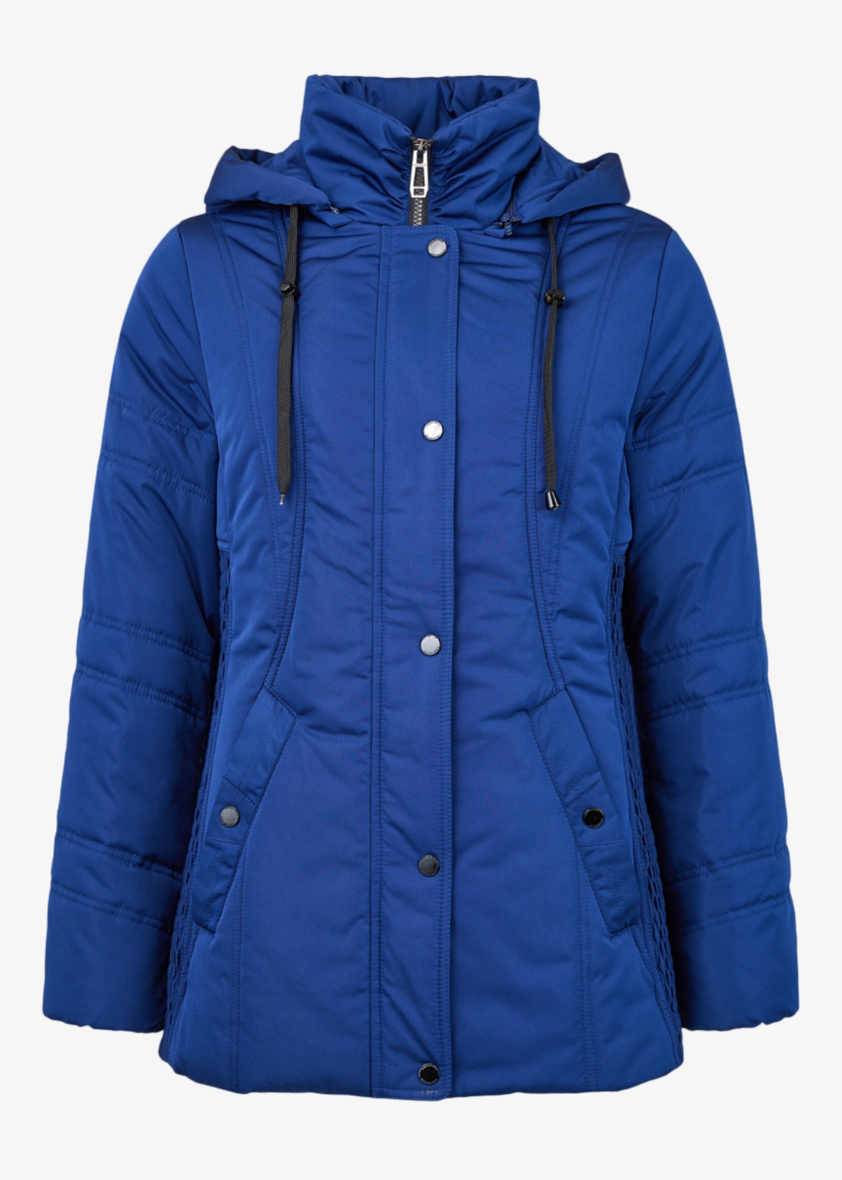 A royal blue quilted coat with a hood, featuring a front zipper closure and button details, designed for technical down outerwear.