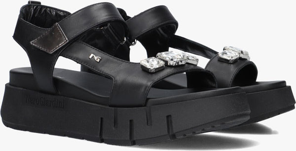 front view of Nero Giardini Tamigi Sandal with Velcro Strap and Jewel in Detail in Black