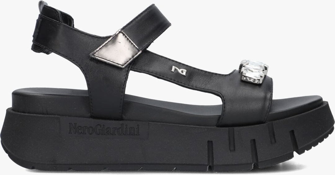 side view of Nero Giardini Tamigi Sandal with Velcro Strap and Jewel Detail in Black