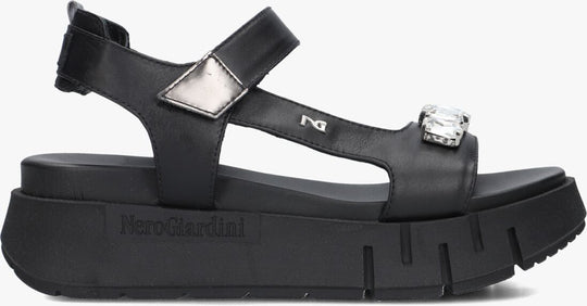 side view of Nero Giardini Tamigi Sandal with Velcro Strap and Jewel Detail in Black