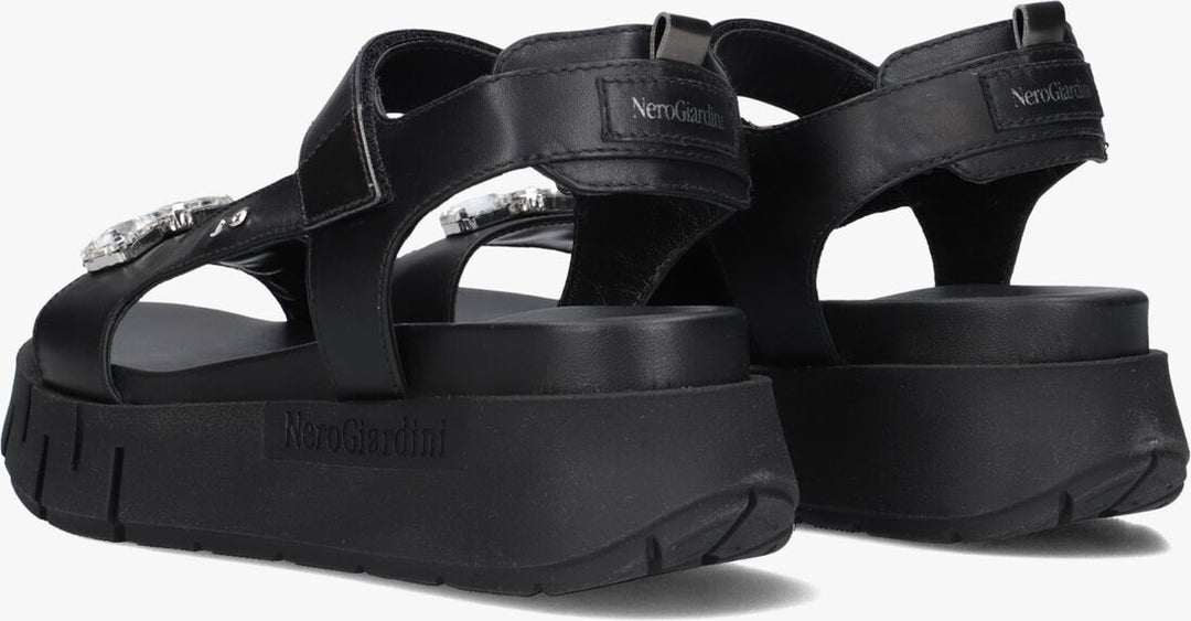 back view of Nero Giardini Tamigi Sandal with Velcro Strap and Jewel Detail in Black