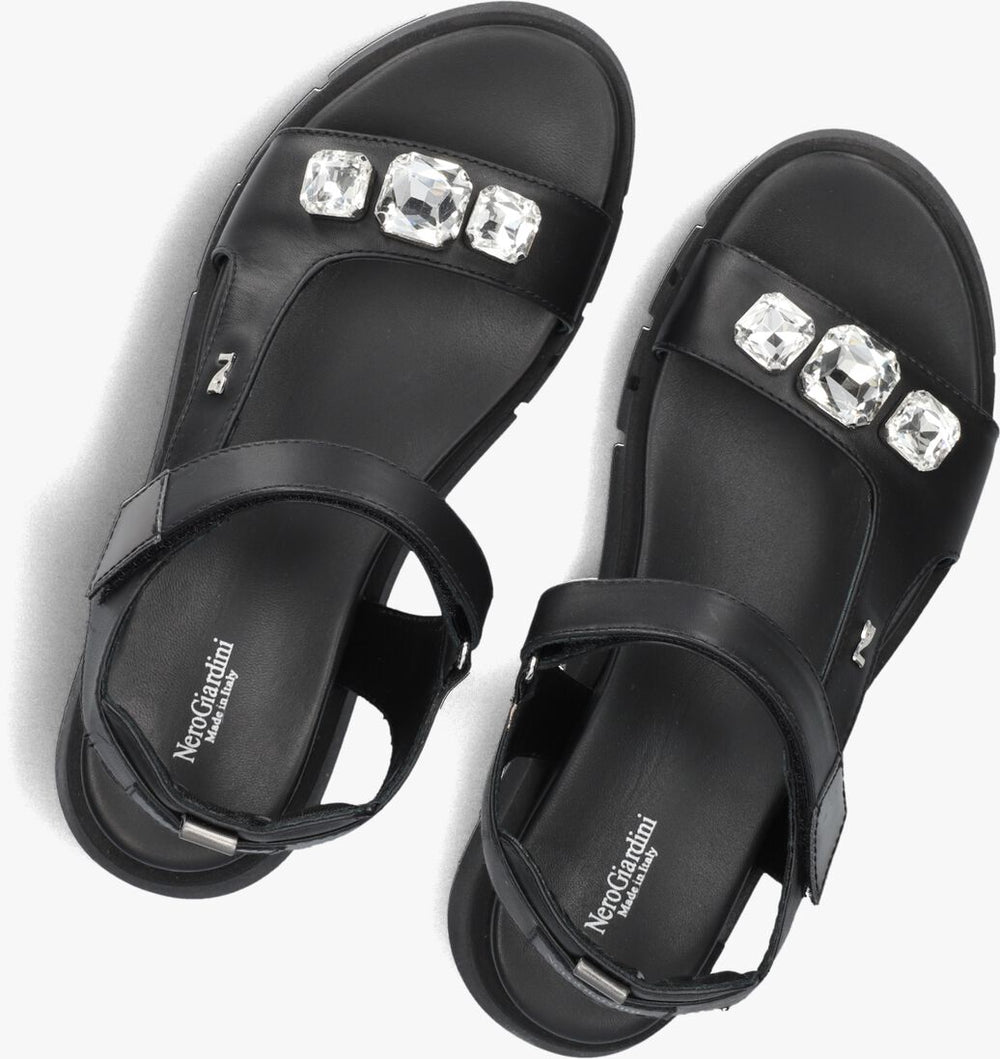 top view of Nero Giardini Tamigi Sandal with Velcro Strap and Jewel Detail in Black