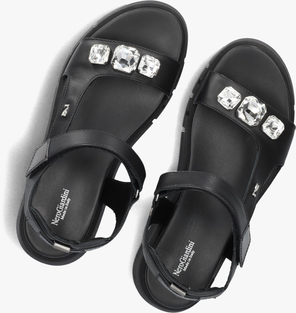 top view of Nero Giardini Tamigi Sandal with Velcro Strap and Jewel Detail in Black