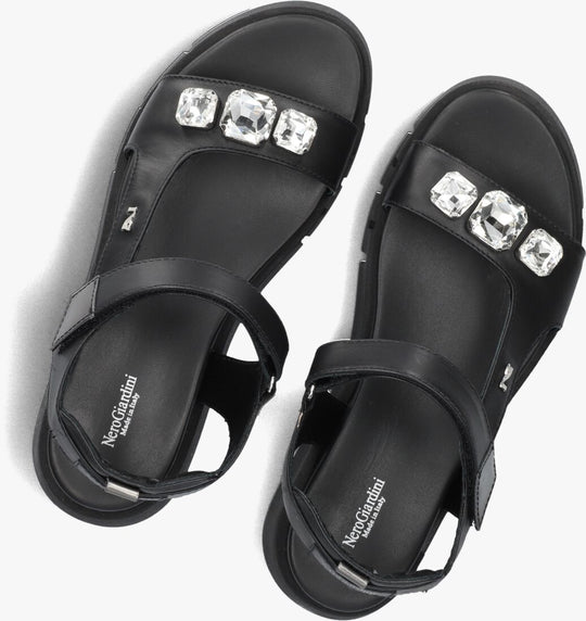 top view of Nero Giardini Tamigi Sandal with Velcro Strap and Jewel Detail in Black